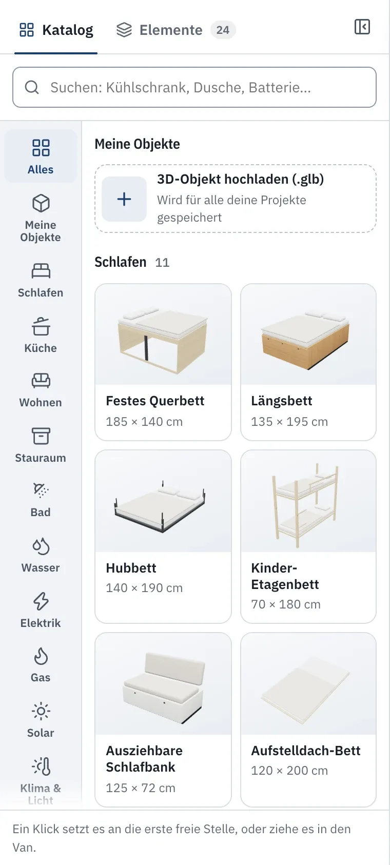 Der Elementkatalog nach Kategorien geordnet, mit 3D-Vorschaubildern.