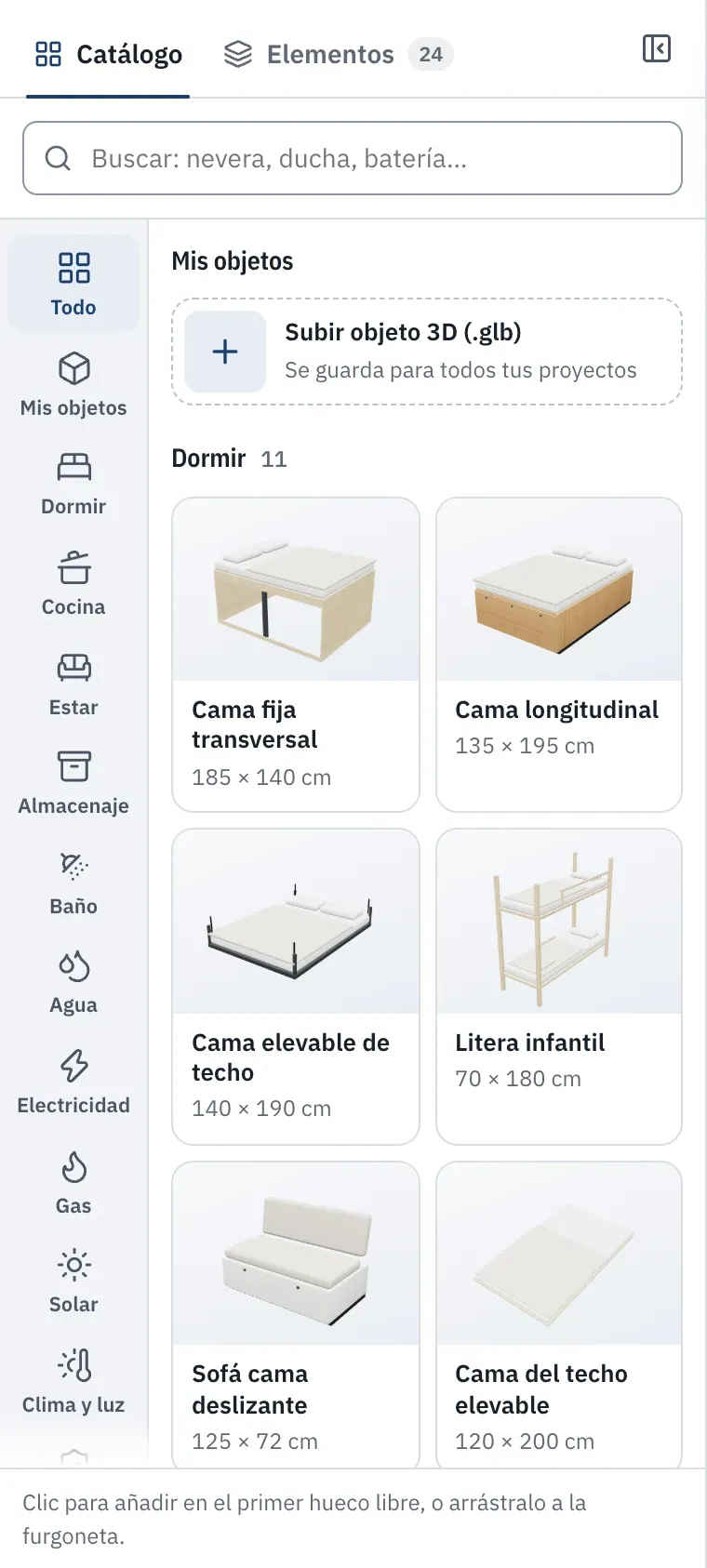 El catálogo de elementos agrupado por categorías, con sus miniaturas en 3D.