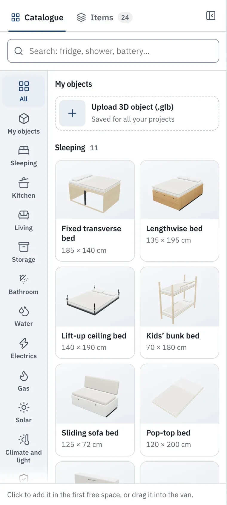 The catalogue of items grouped by category, with 3D thumbnails.