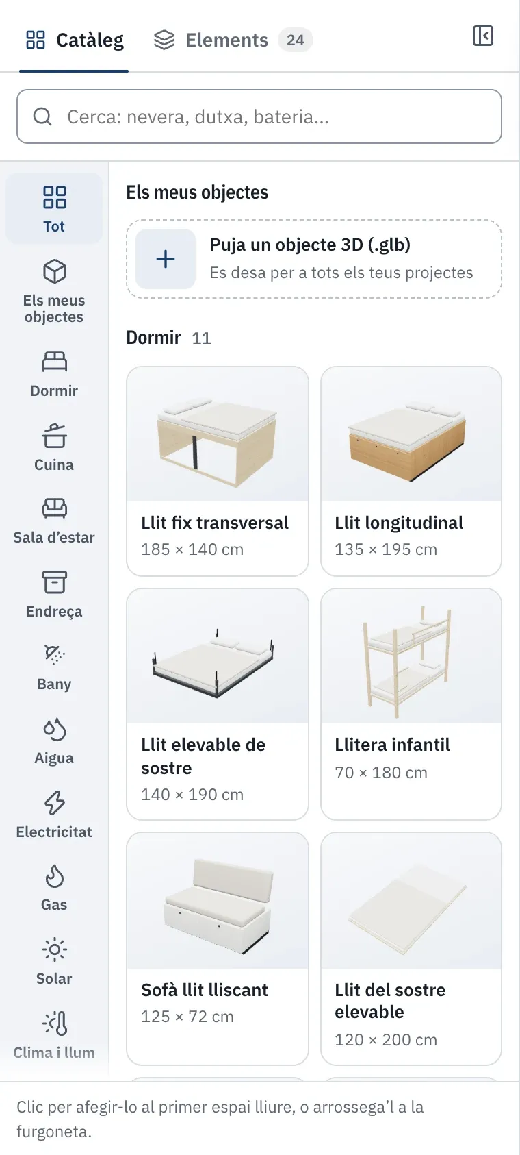 El catàleg d’elements agrupat per categories, amb les miniatures en 3D.