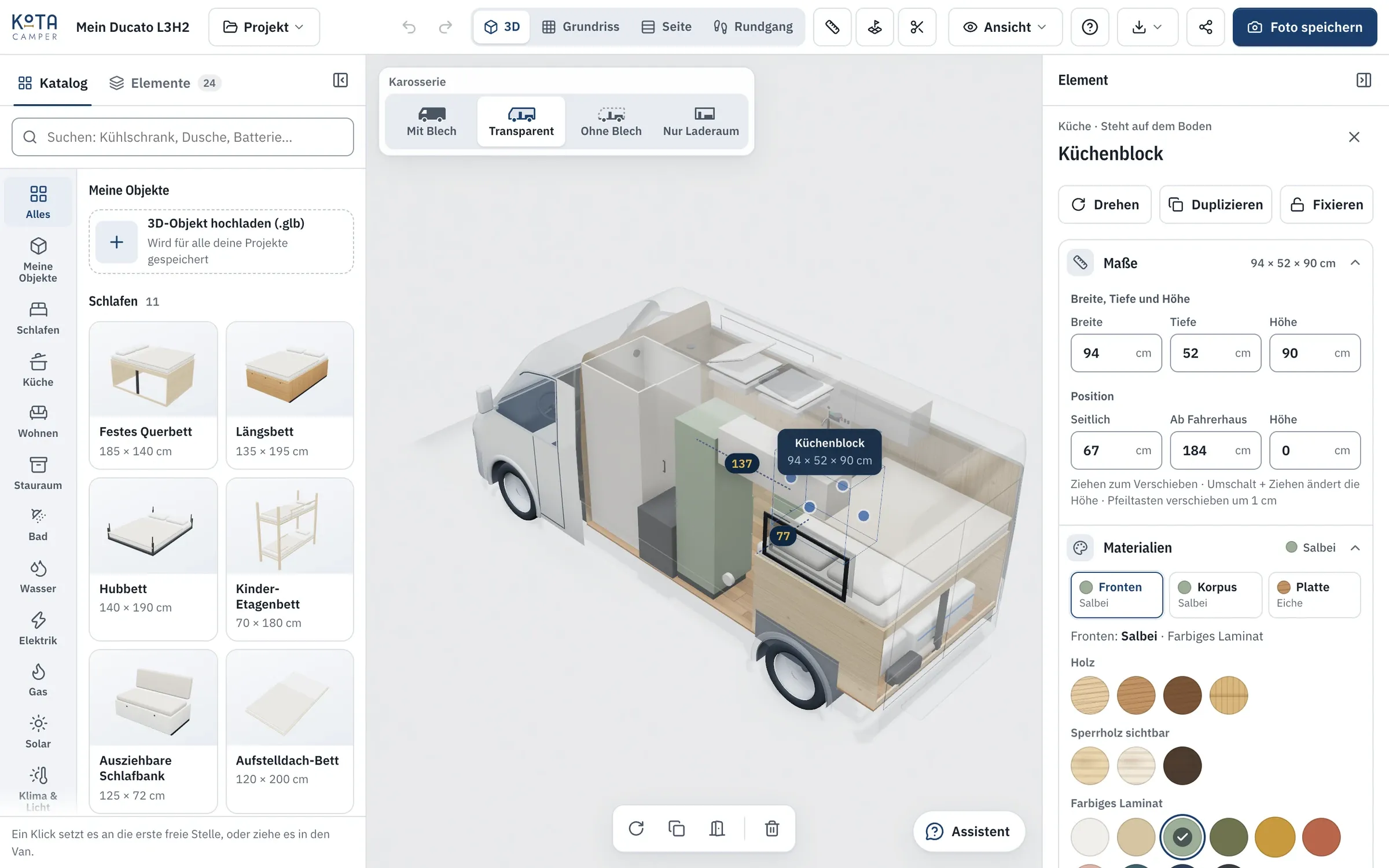 Der Editor mit einem fertig eingerichteten Camper, links der Katalog, rechts die Leiste des gewählten Möbels.