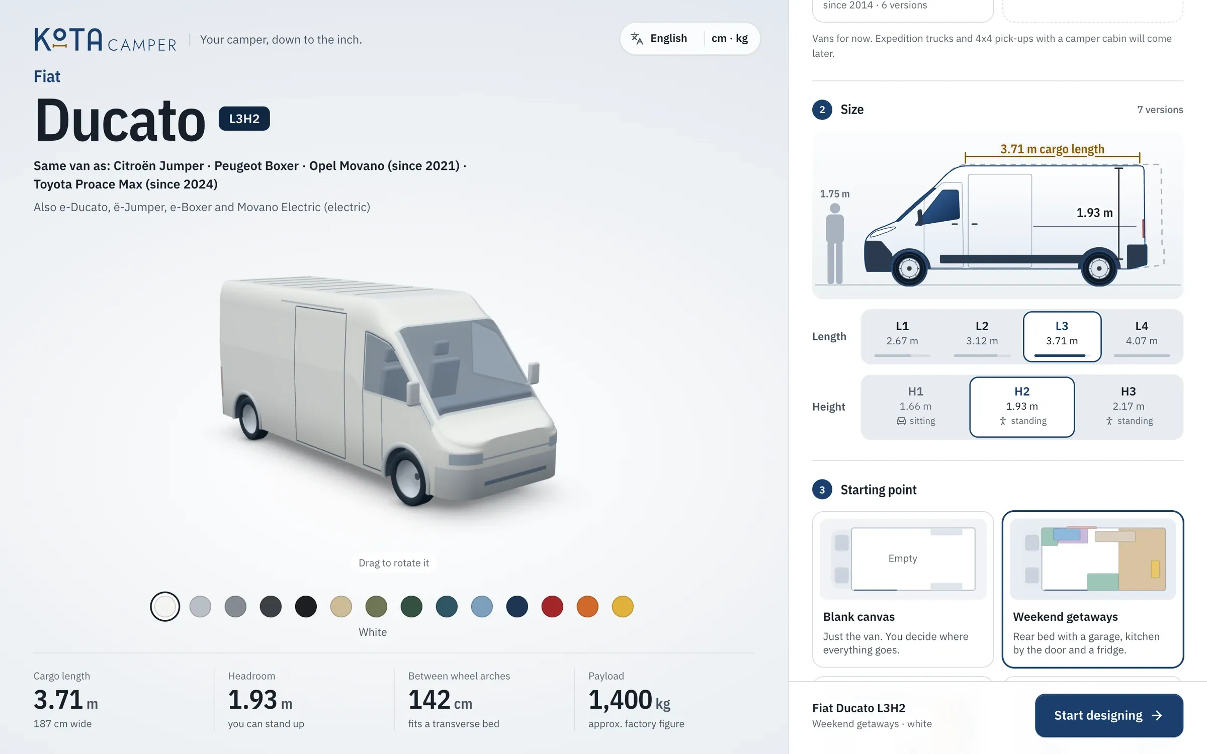 The editor’s start screen: the chosen van in 3D with its dimensions and the list of models.