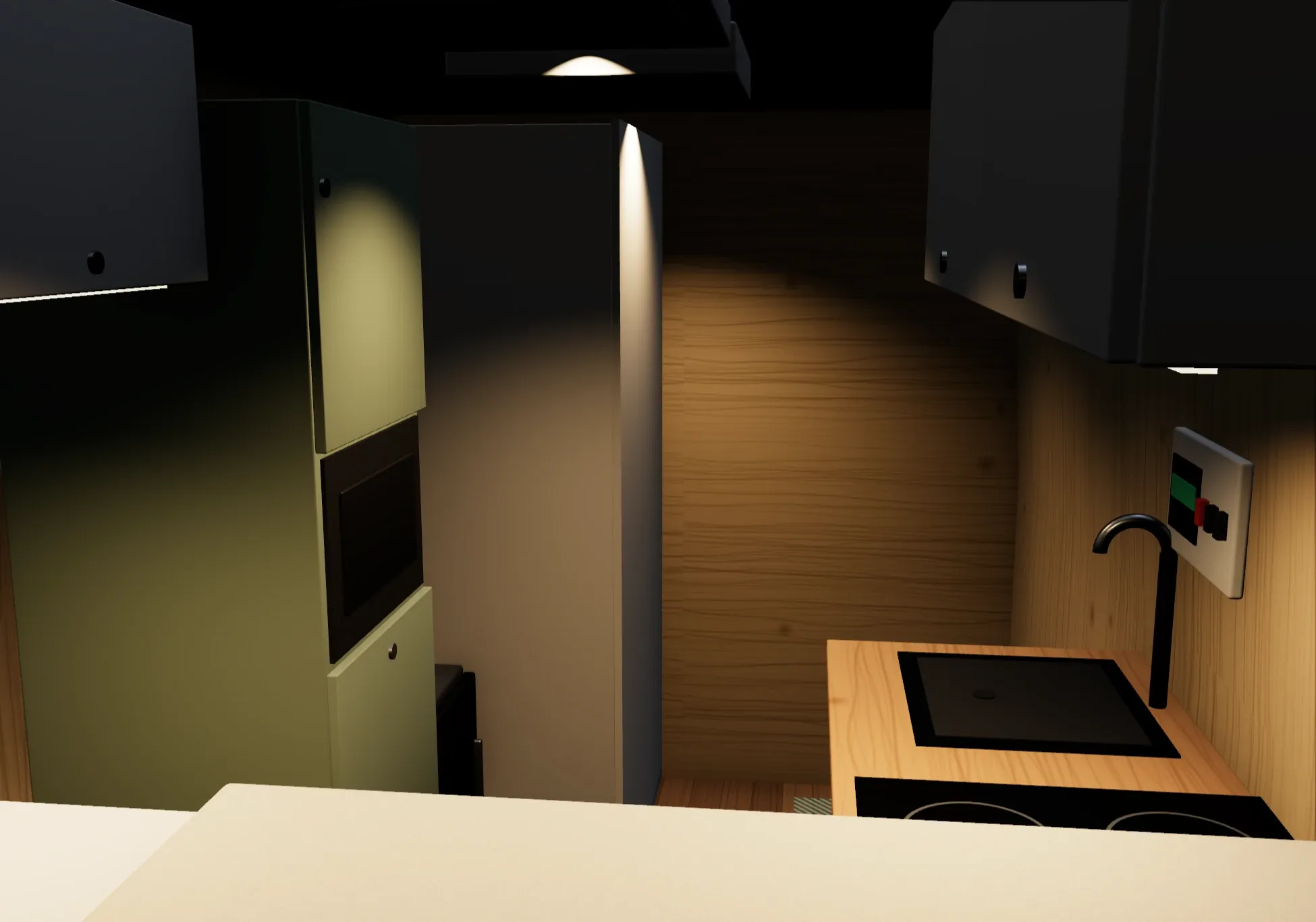 Interior de la camper de noche en el paseo virtual, con los focos del diseño encendidos sobre la cocina.