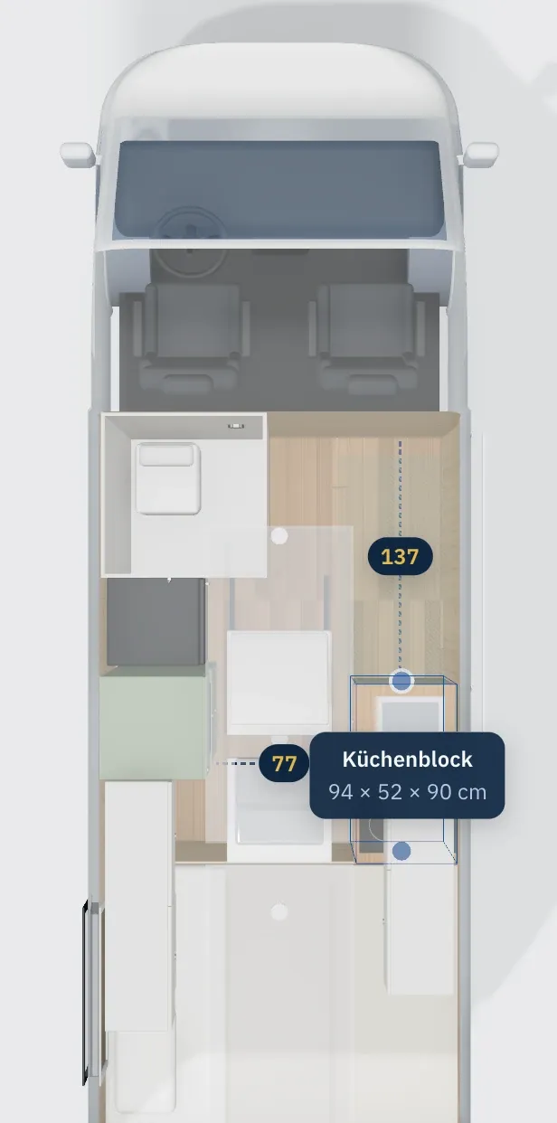 Grundriss des Designs mit den Maßen jedes Möbels.