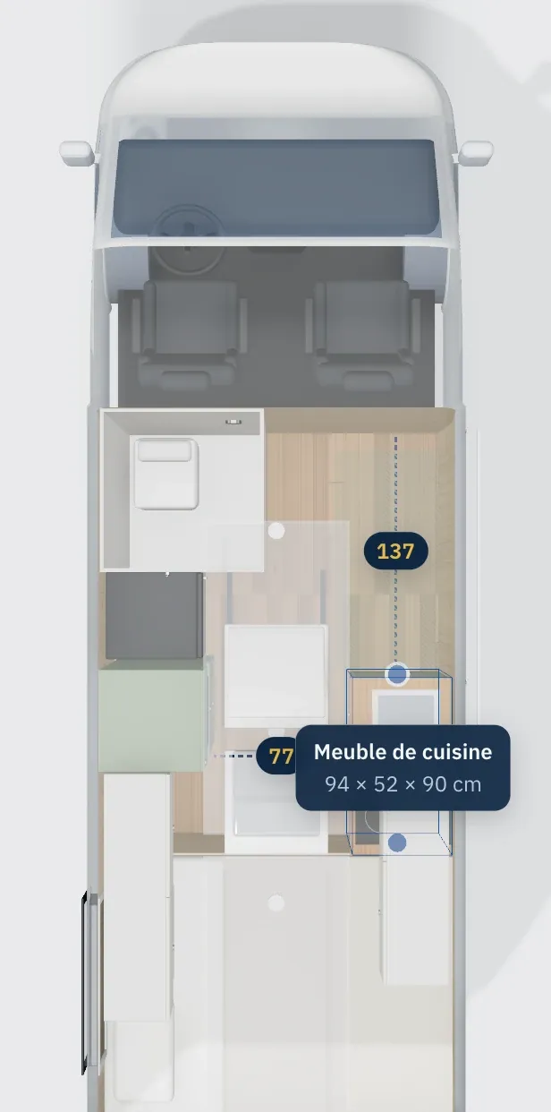 Vue en plan du projet avec les cotes de chaque meuble.