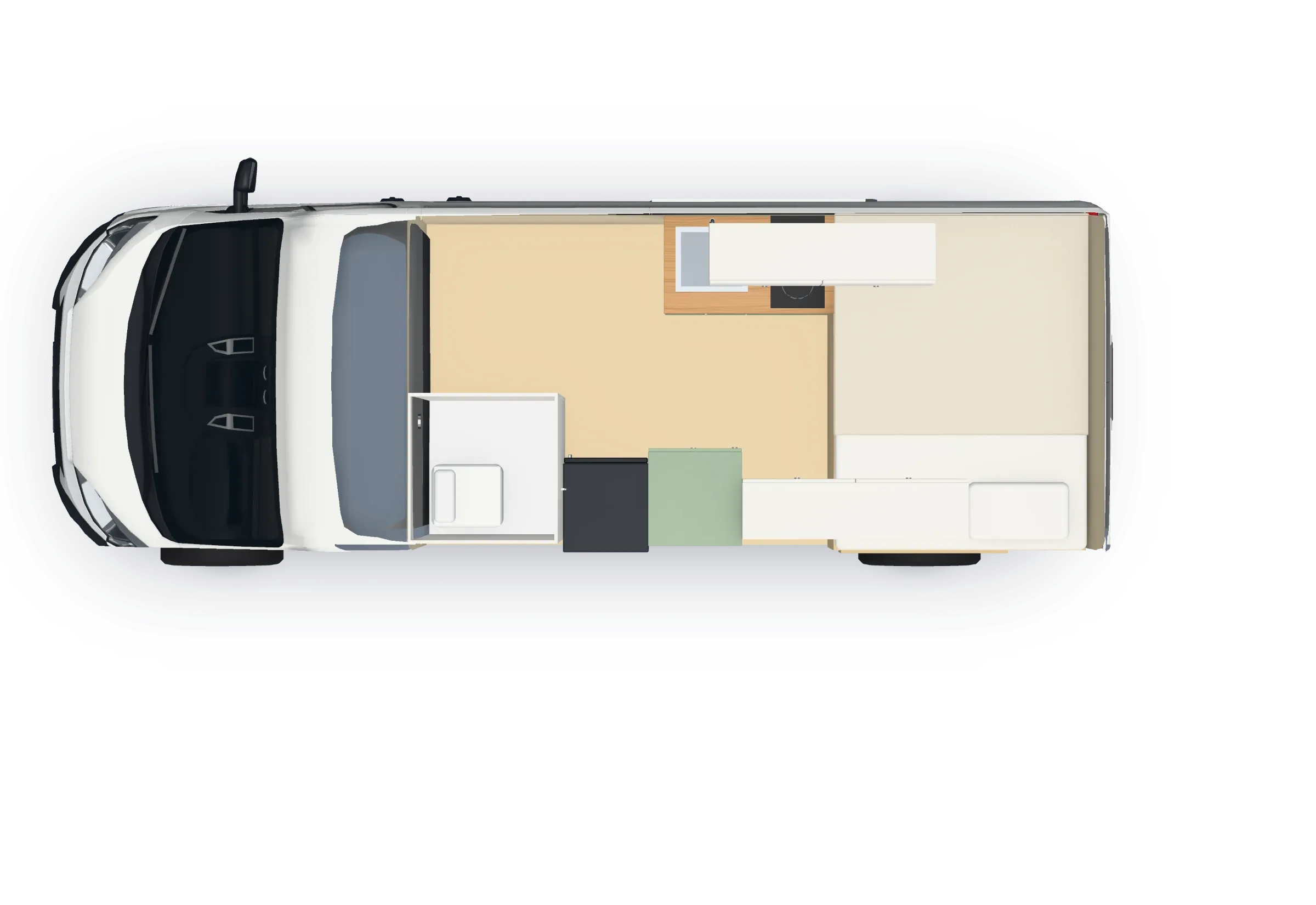 La camper vista desde arriba en 3D, sin techo: cama al fondo, baño, cocina y armarios.
